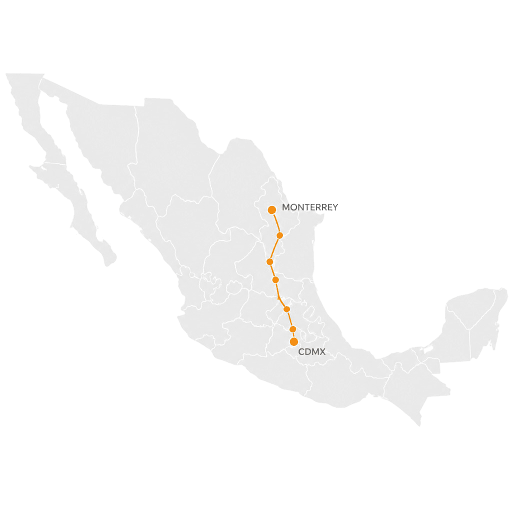 Mapa de México con la ruta de Monterrey a la Ciudad de México