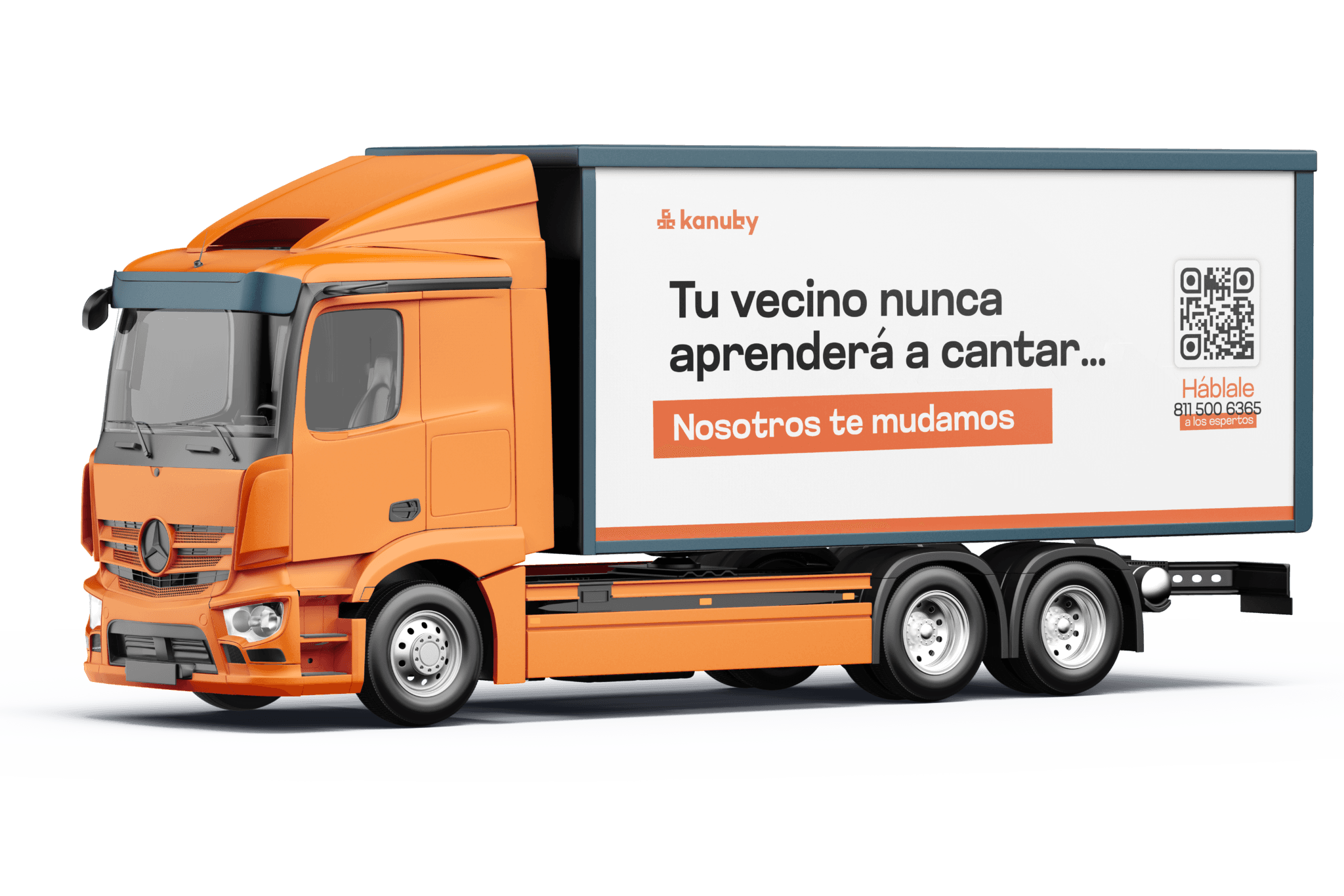 Camión de mudanzas naranja de Kanuby con el lema “Tu vecino nunca aprenderá a cantar… Nosotros te mudamos”