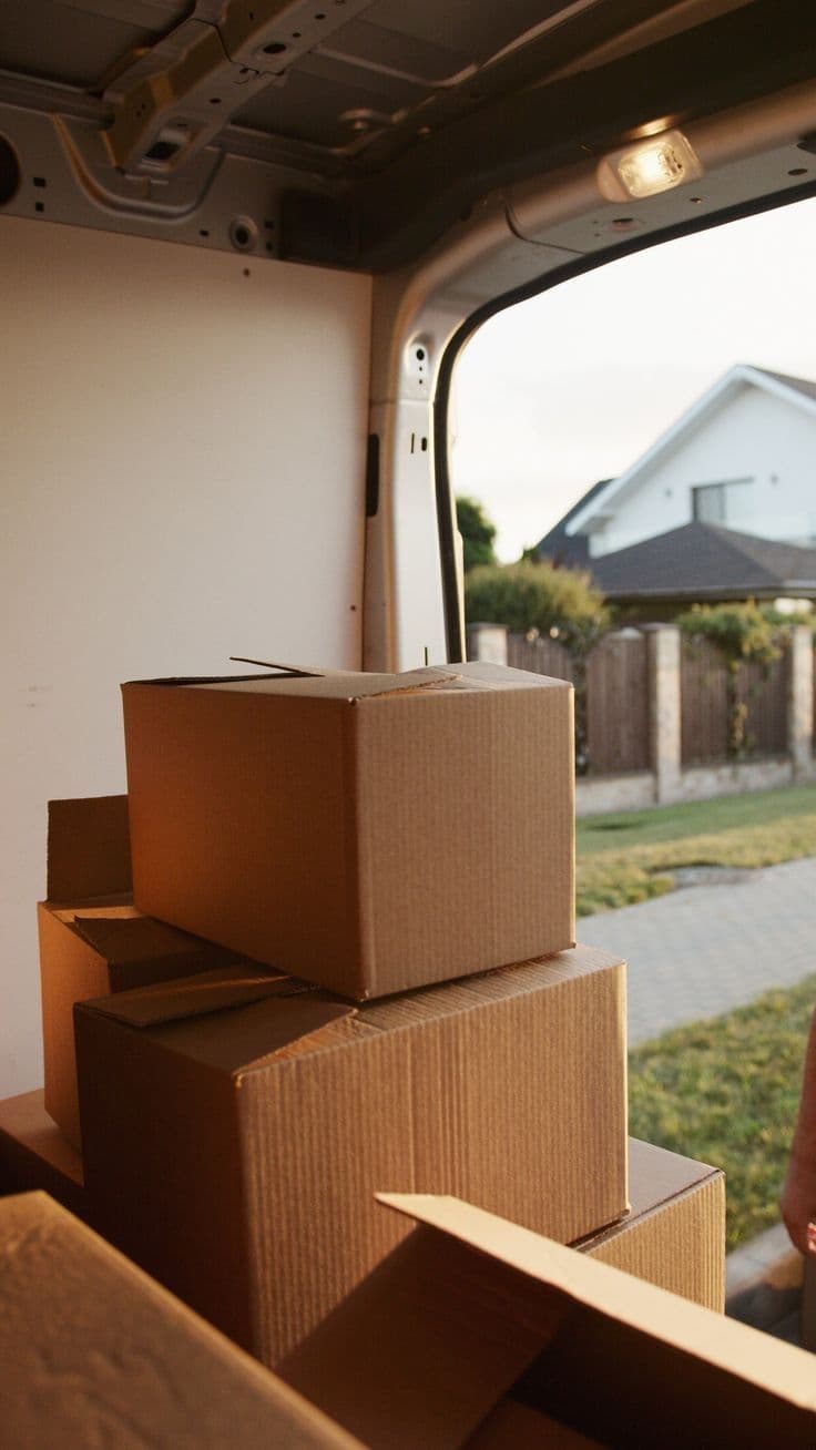 Cajas de mudanza cargadas en una camioneta