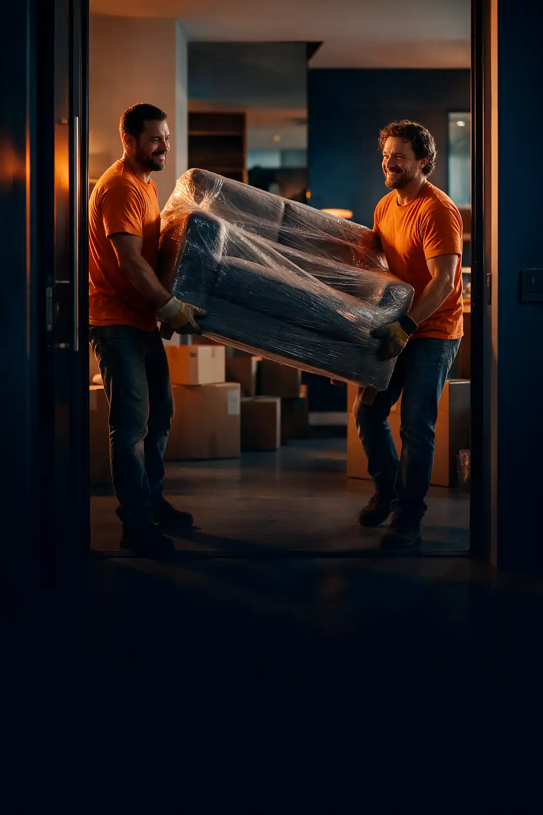 Dos mudanceros de Kanuby con playera naranja cargan un sillón emplayado entre cajas de mudanza