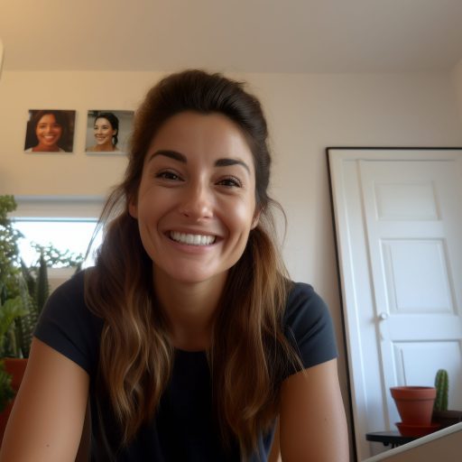 Webcam portrait of a business owner talking to people on an online video conference call.